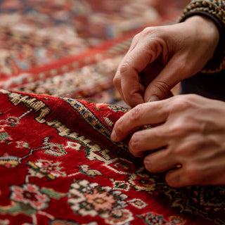 artisan hand knotting a red white afghan rug