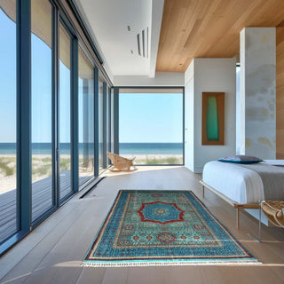 Blue green afghan rug in a living room