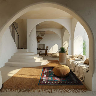 Green-brown kazak afghan rug in a living room