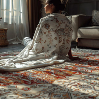 woman wearing pashmina shawl sitting on a white orange afghan rug