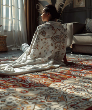 woman wearing pashmina shawl sitting on a white orange afghan rug