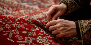 Artisan Hand Knotting a Red White Afghan Rug