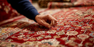 Artisan Hand Stitching a Red White Afghan Rug