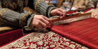 Artisan using a loom on a red white afghan rug