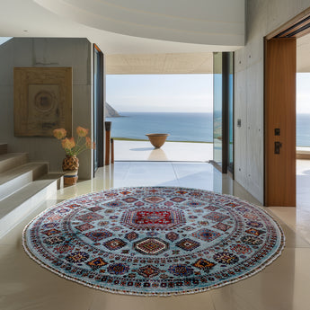 hand knotted large gray mamluk afghan rug in an entrance