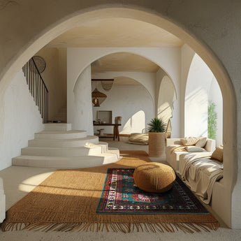 hand knotted medium green brown kazak afghan rug in a living room