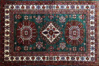 hand knotted medium green brown kazak afghan rug