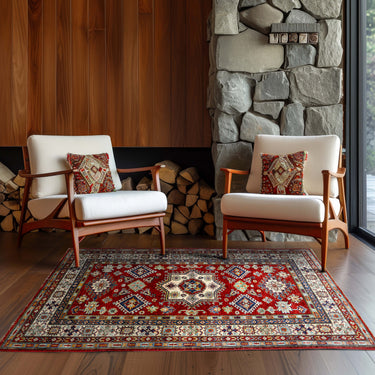 hand knotted medium red white kazak afghan rug in a living room