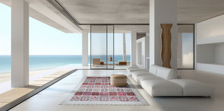 White Pink Bakhriari Afghan Rug in Modern Living Room